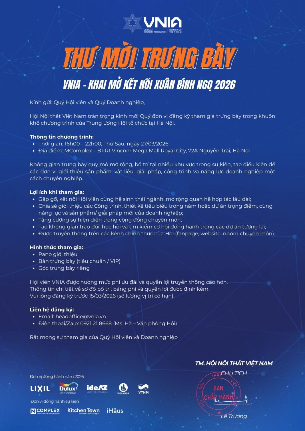 Thư mời đăng ký tham gia trưng bày VNIA- Khai mở kết nối Xuân Bính Ngọ 2026 kv HN